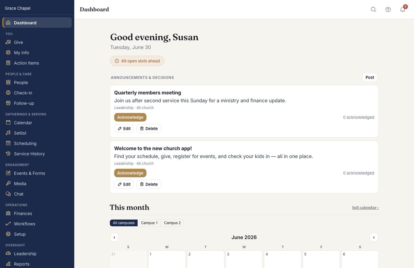 The Oikos Church dashboard